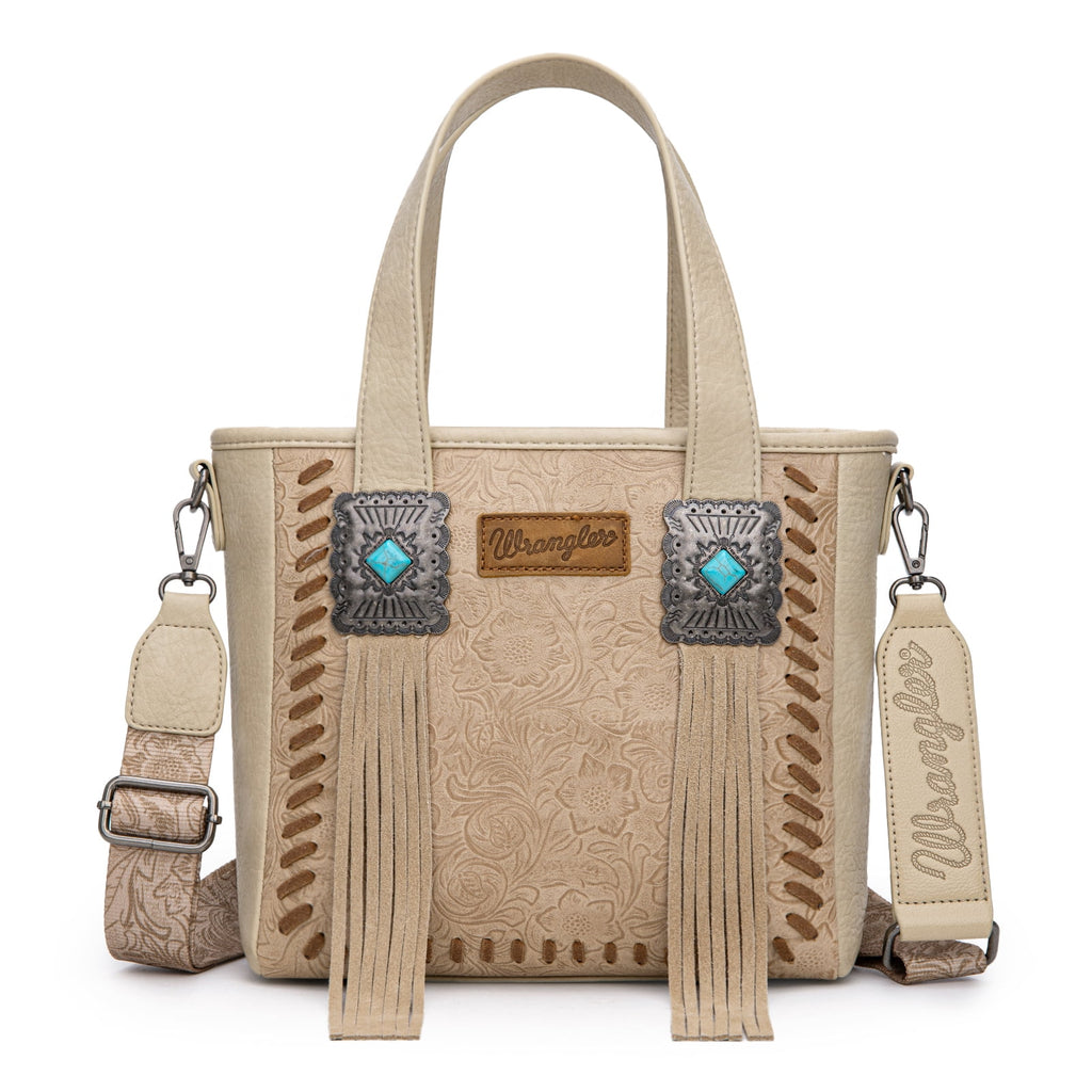 Wrangler Cowhide Tote Bag for Women Western Tooling Handbag Leather Fringing with Turquoise Stone Concho