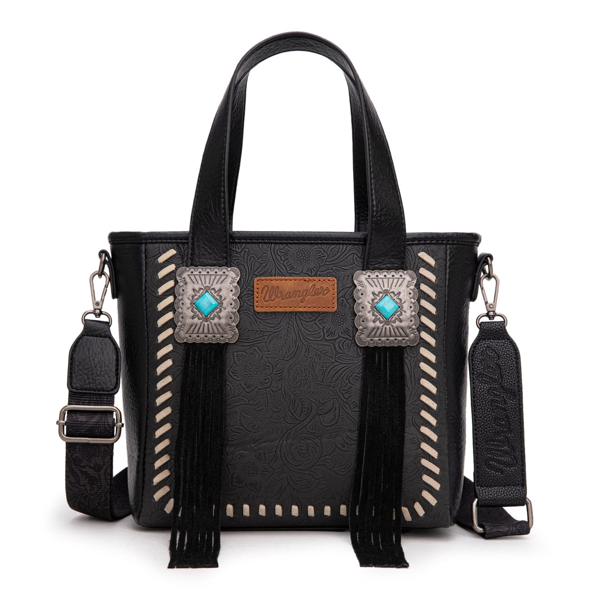Wrangler Cowhide Tote Bag for Women Western Tooling Handbag Leather Fringing with Turquoise Stone Concho