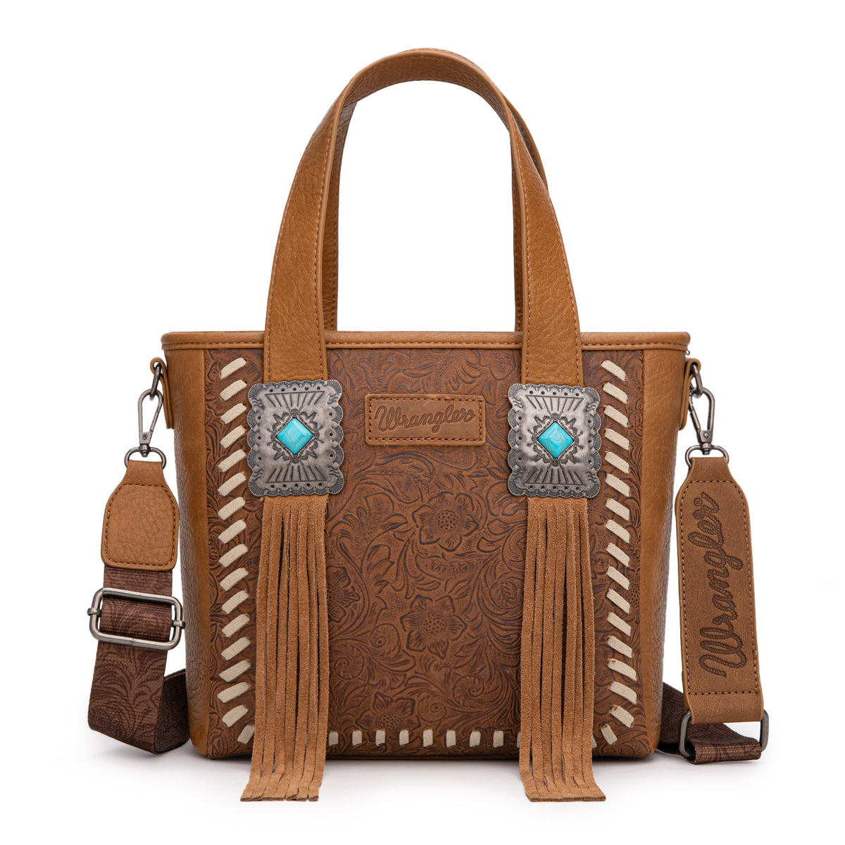 Wrangler Cowhide Tote Bag for Women Western Tooling Handbag Leather Fringing with Turquoise Stone Concho