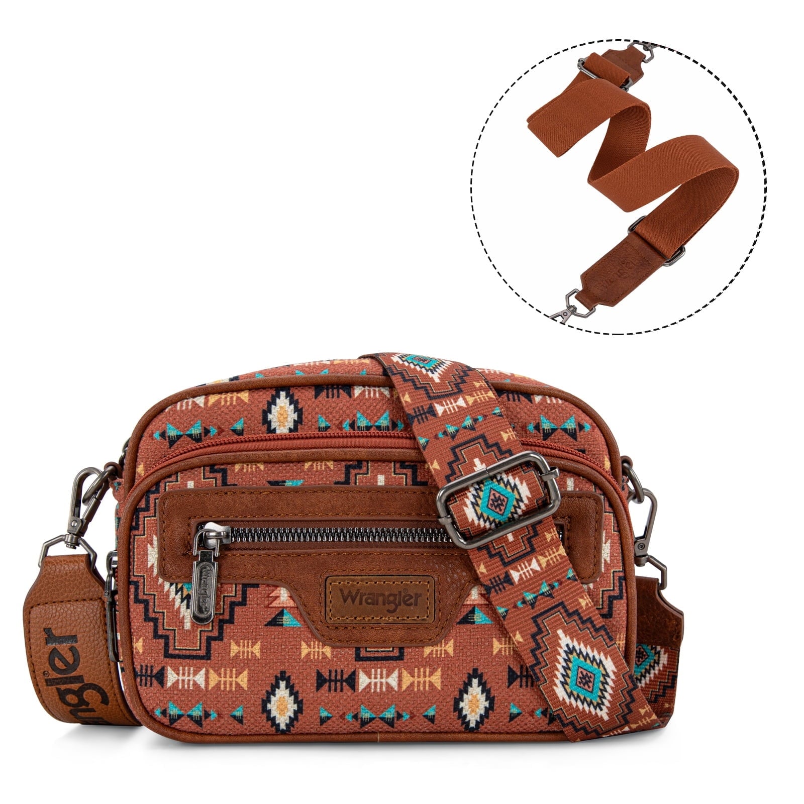 Wrangler Aztec Crossbody Bag for Women Vegan Leather Vintage Multi Pocket Crossover Bag Shoulder Pursea with Adjustable Strap