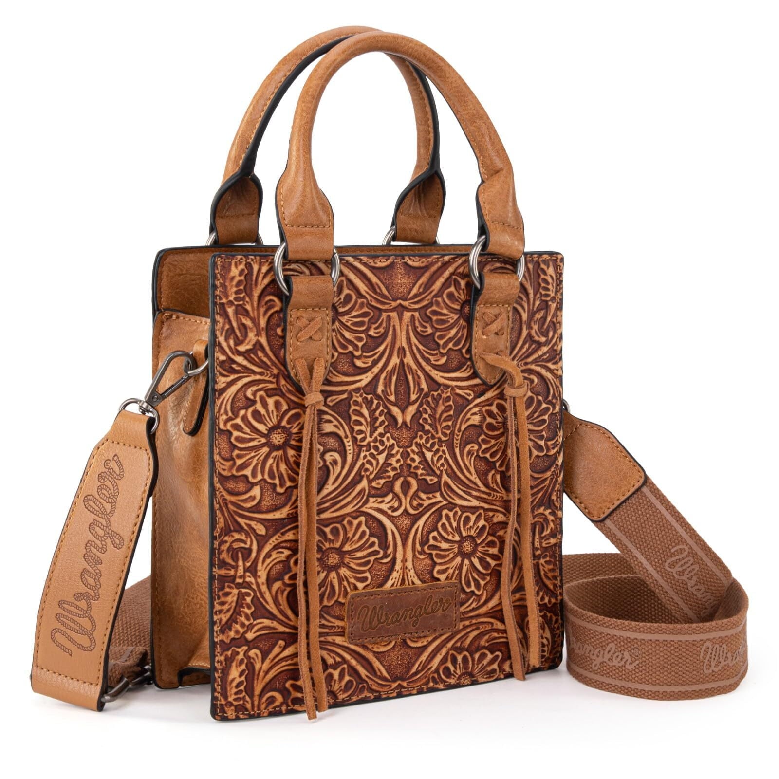 Wrangler Embossed Crossbody Bag for Women Top Handle Fringe Handbags and Western Mini Tote