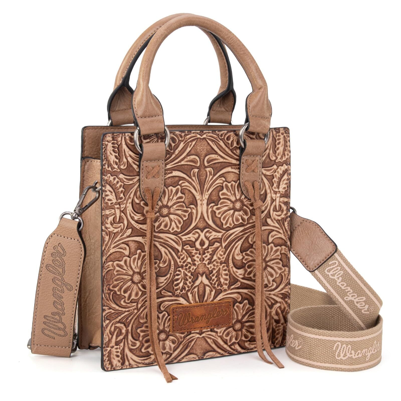 Wrangler Embossed Crossbody Bag for Women Top Handle Fringe Handbags and Western Mini Tote