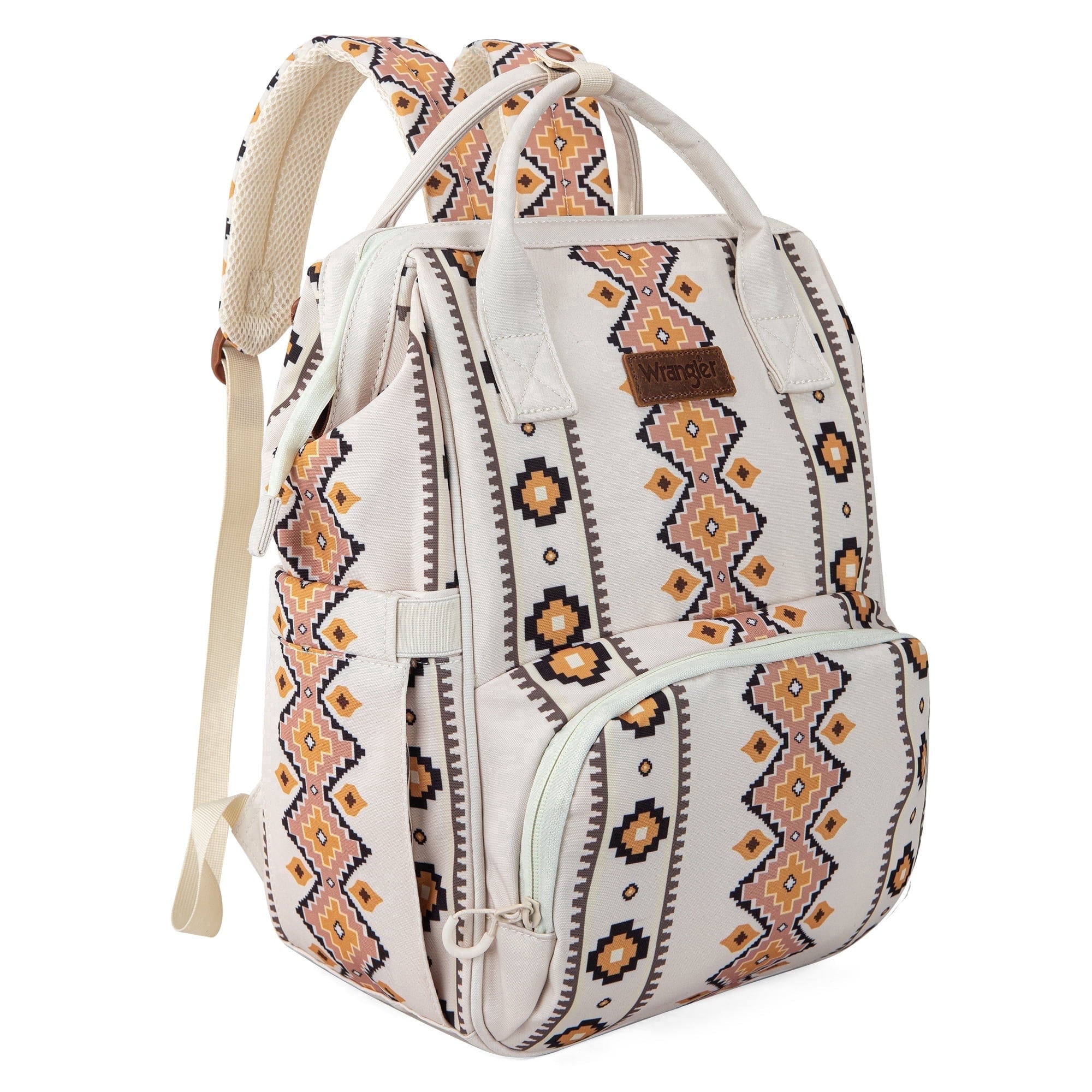 Wrangler Aztec Travel Backpack Baby Bag for Women with Stroller Strap and Side Bottle Pockets Organized Diaper Bag