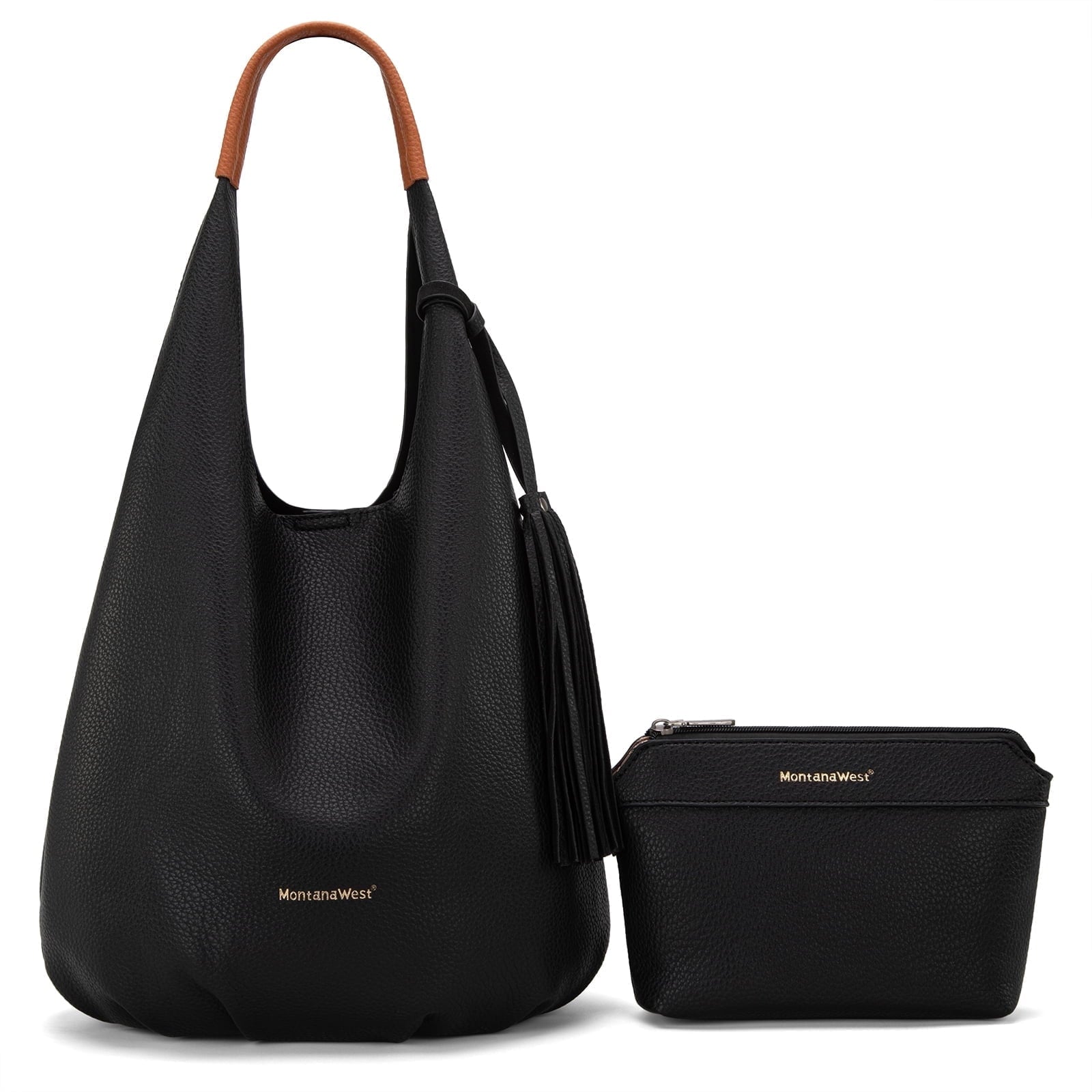 Montana West Slouchy Hobo Bags for Women 2PCS Tassels Handbags Shoulder Bag Set with Comestic Bag
