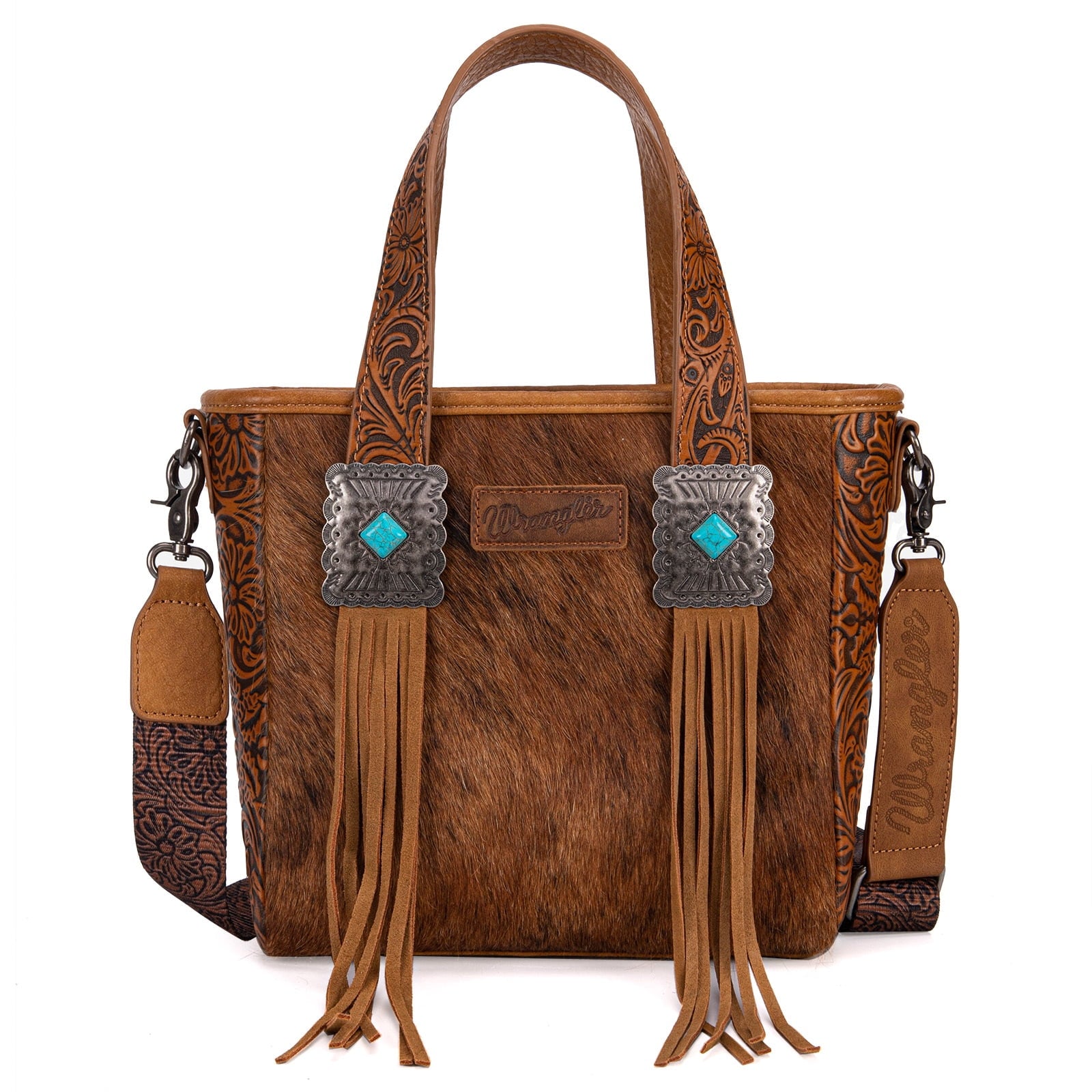 Wrangler Cowhide Tote Bag for Women Western Tooling Handbag Leather Fringing with Turquoise Stone Concho