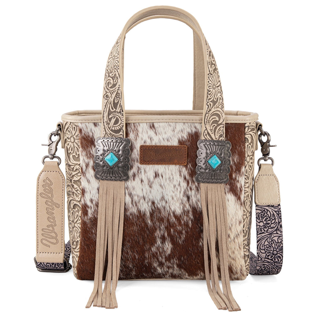 Wrangler Cowhide Tote Bag for Women Western Tooling Handbag Leather Fringing with Turquoise Stone Concho