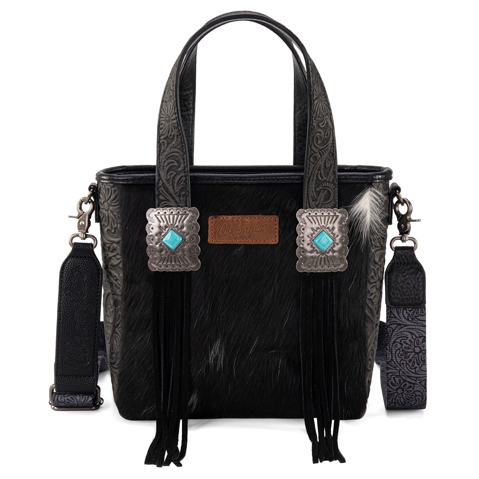 Wrangler Cowhide Tote Bag for Women Western Tooling Handbag Leather Fringing with Turquoise Stone Concho
