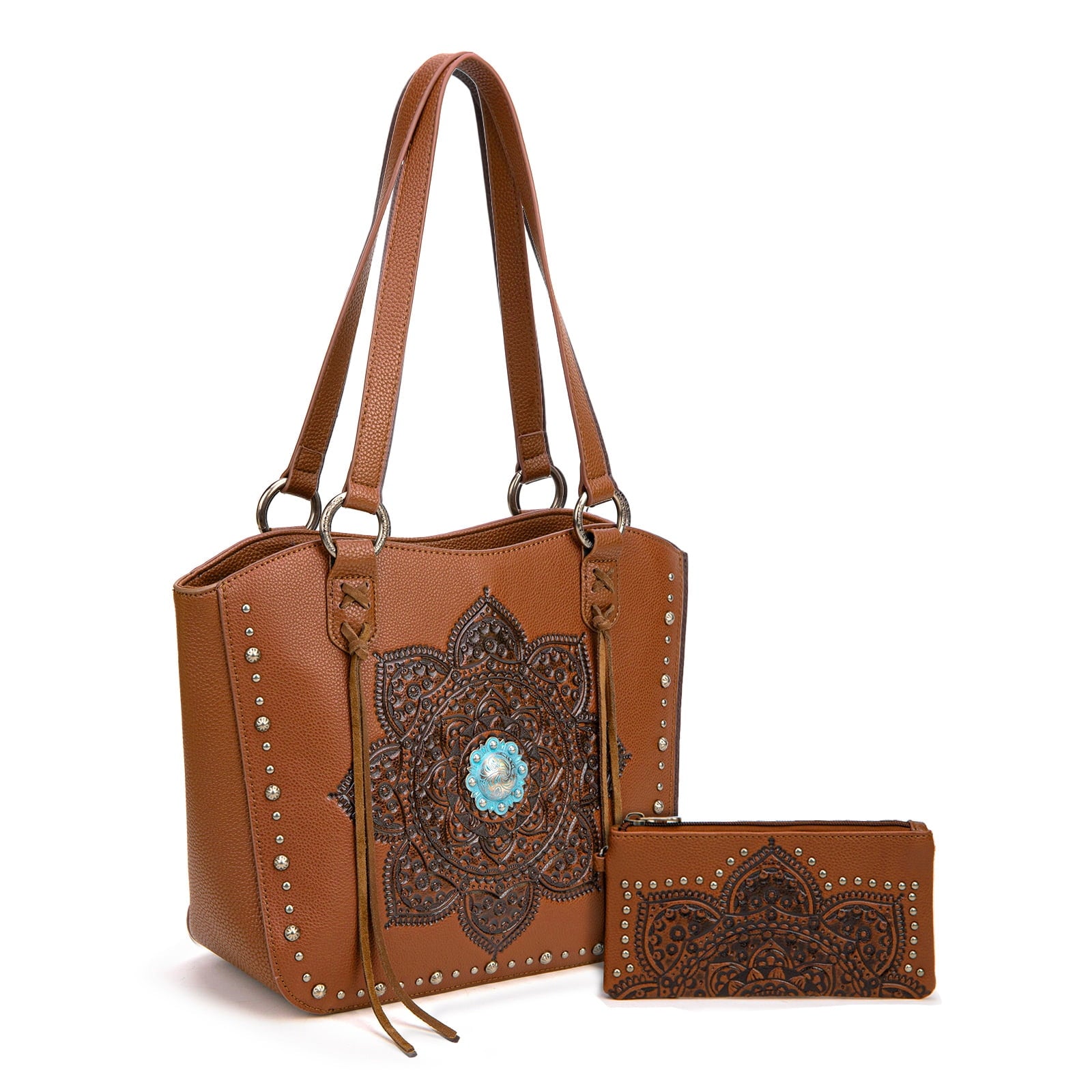 Montana West Vintage Western Tooling Tote Bag & Wallet Set for Women | Studded Top Handle Shoulder Handbag