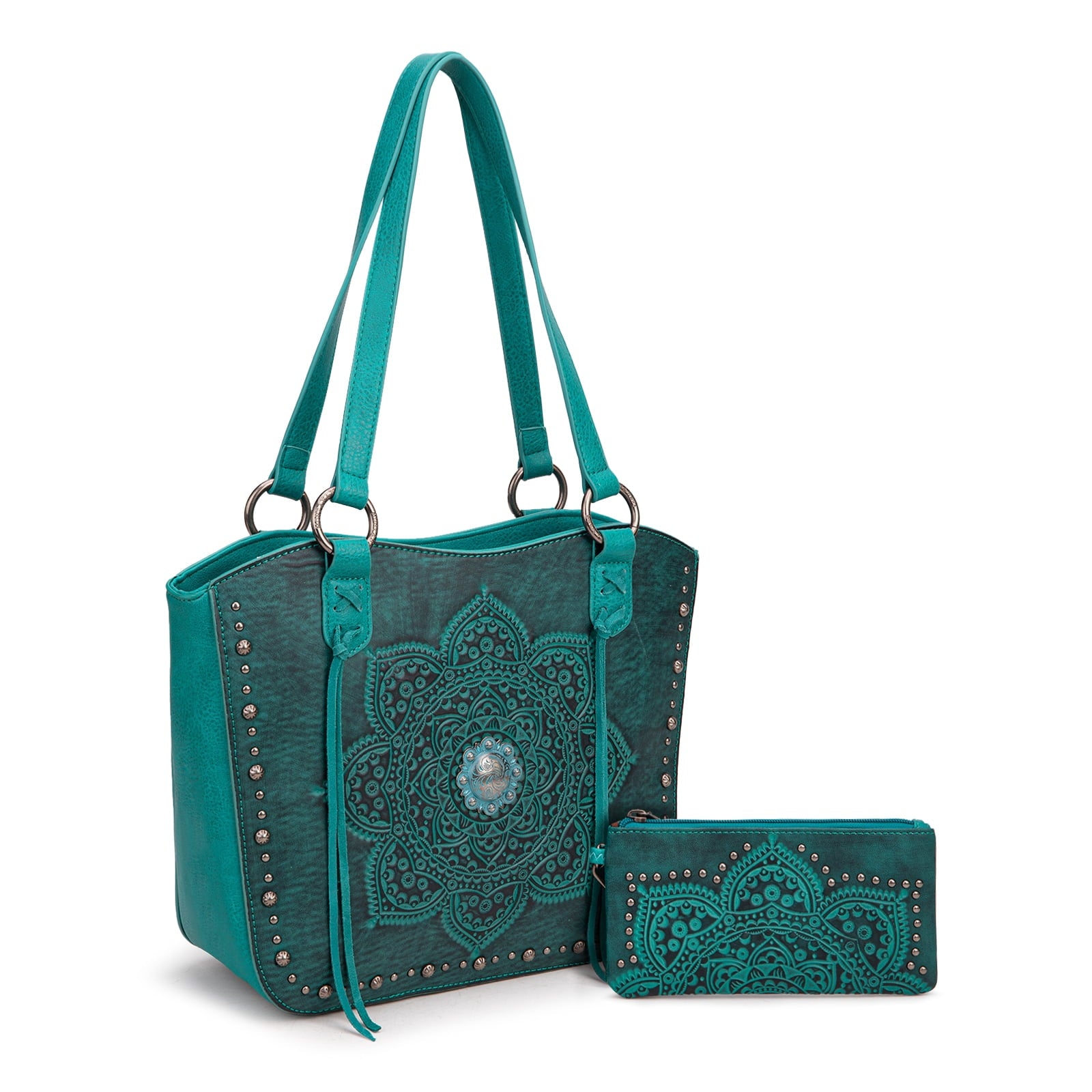 Montana West Vintage Western Tooling Tote Bag & Wallet Set for Women | Studded Top Handle Shoulder Handbag