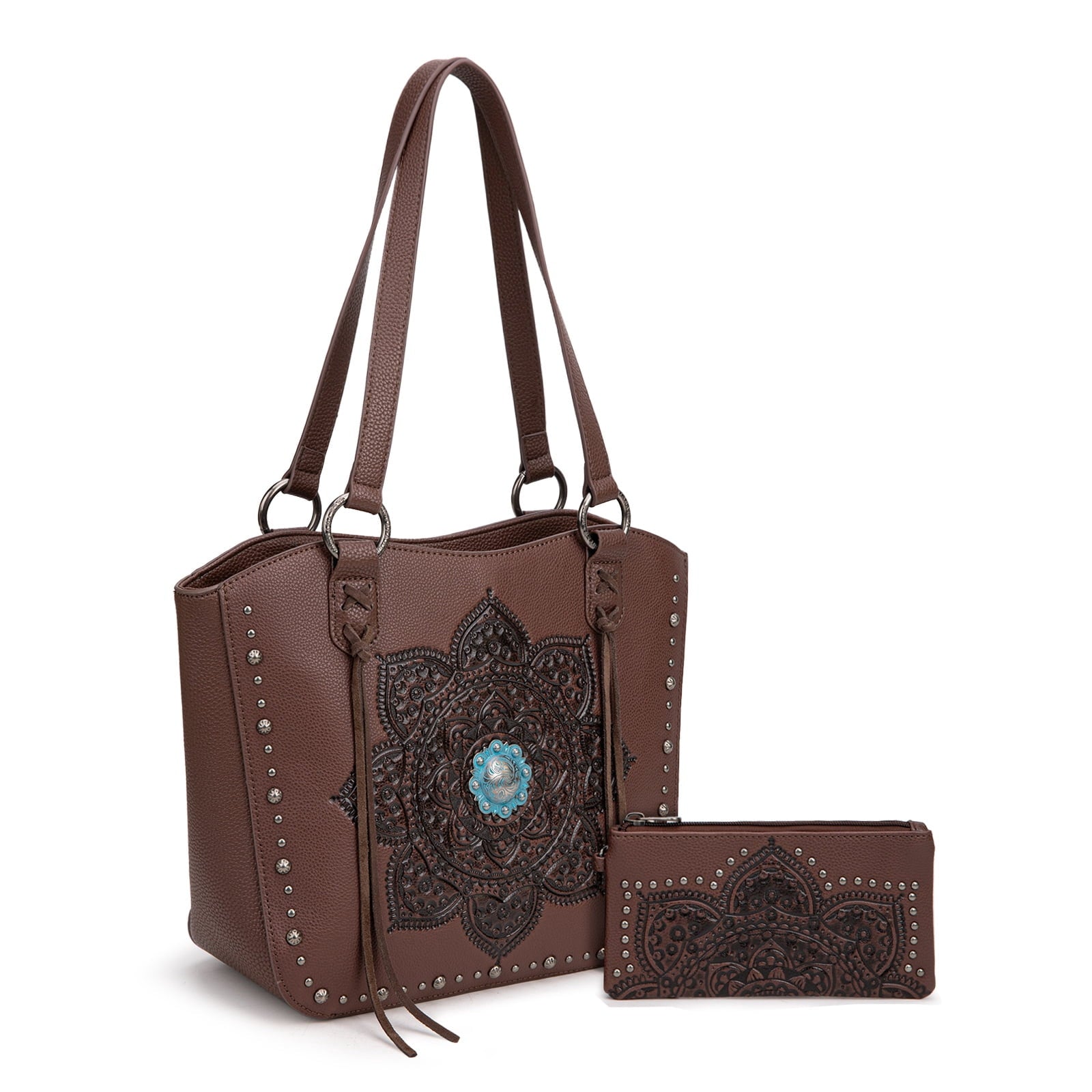 Montana West Vintage Western Tooling Tote Bag & Wallet Set for Women | Studded Top Handle Shoulder Handbag