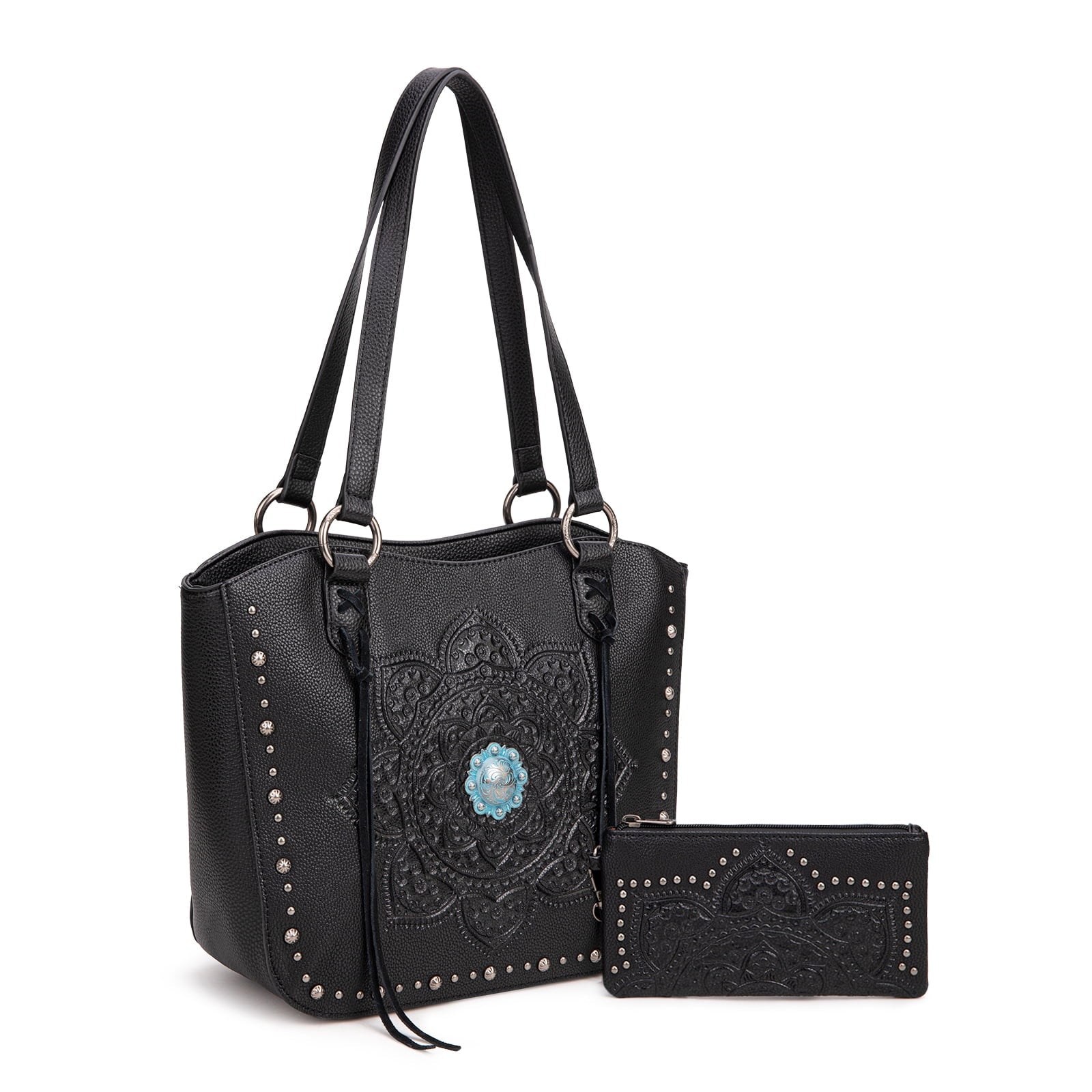 Montana West Vintage Western Tooling Tote Bag & Wallet Set for Women | Studded Top Handle Shoulder Handbag