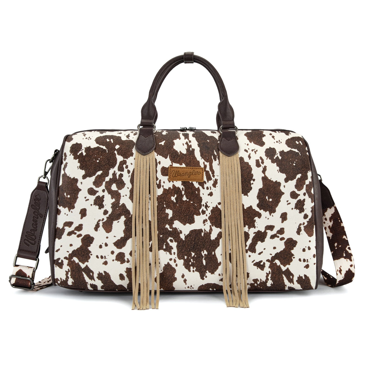 Wrangler Rustler Wildside Cow-Print Weekender Duffel Bag Large Carry On Bags with Tassels
