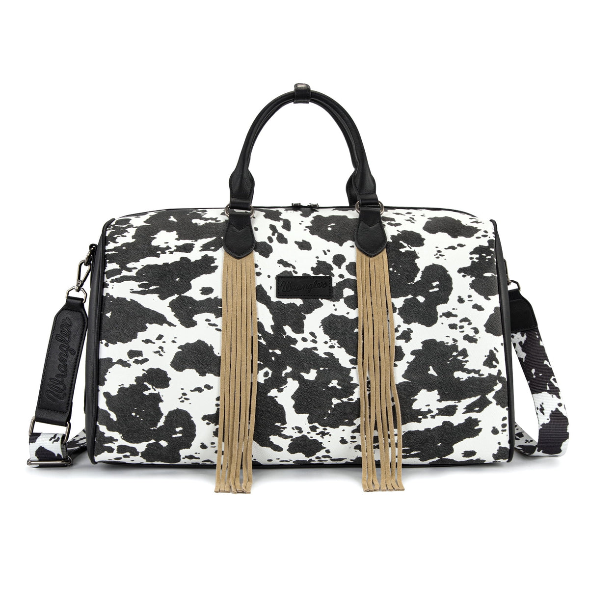 Wrangler Rustler Wildside Cow-Print Weekender Duffel Bag Large Carry On Bags with Tassels