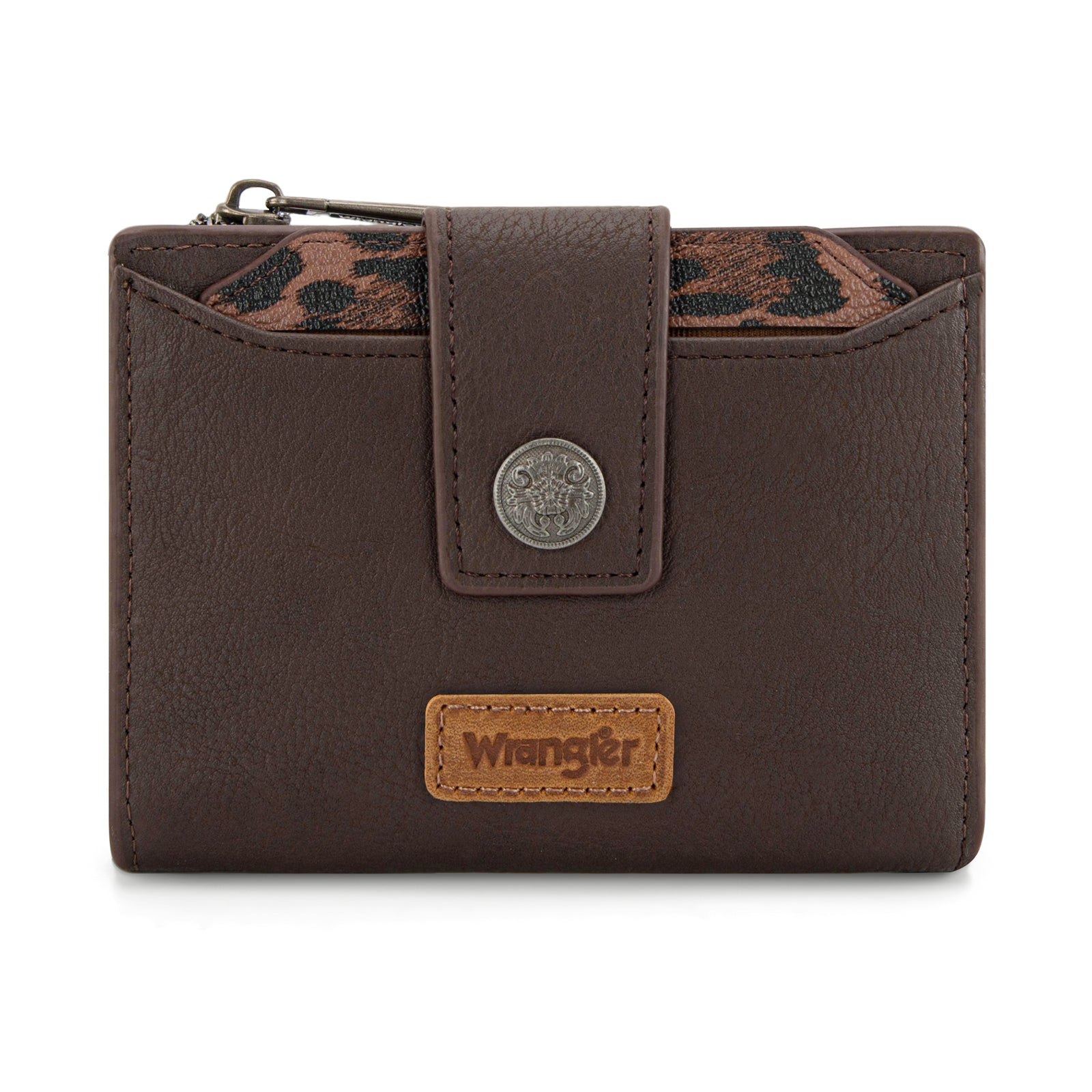 Wrangler Small Wallets for Women Bifold RFID Blocking Leopard Print Wallet with Removable ID Window Zipper Pocket Stylish and Functional Wallets for Women