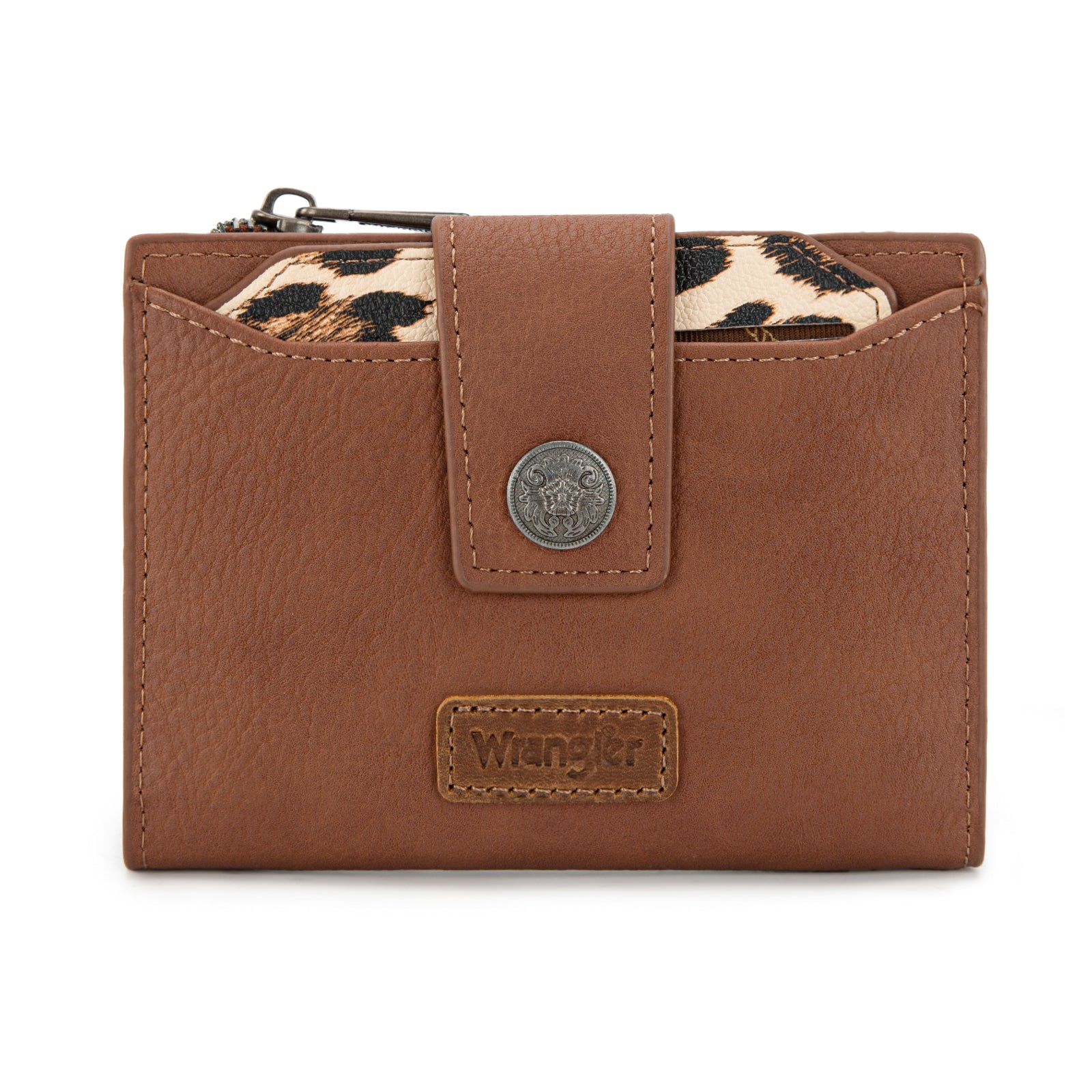 Wrangler Small Wallets for Women Bifold RFID Blocking Leopard Print Wallet with Removable ID Window Zipper Pocket Stylish and Functional Wallets for Women