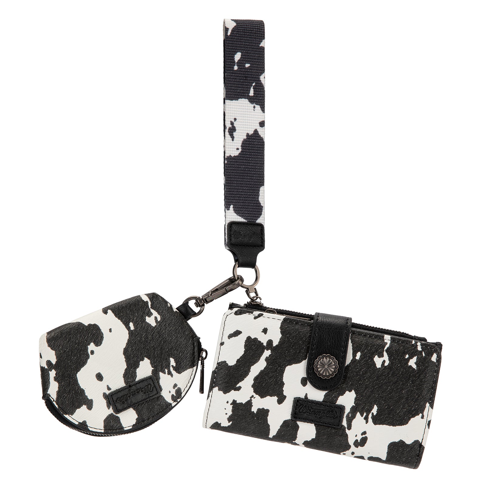 Wrangler Keychain Wallets Zipper Coin Purse Womens with Cow Print Dual Pouch Wristlet