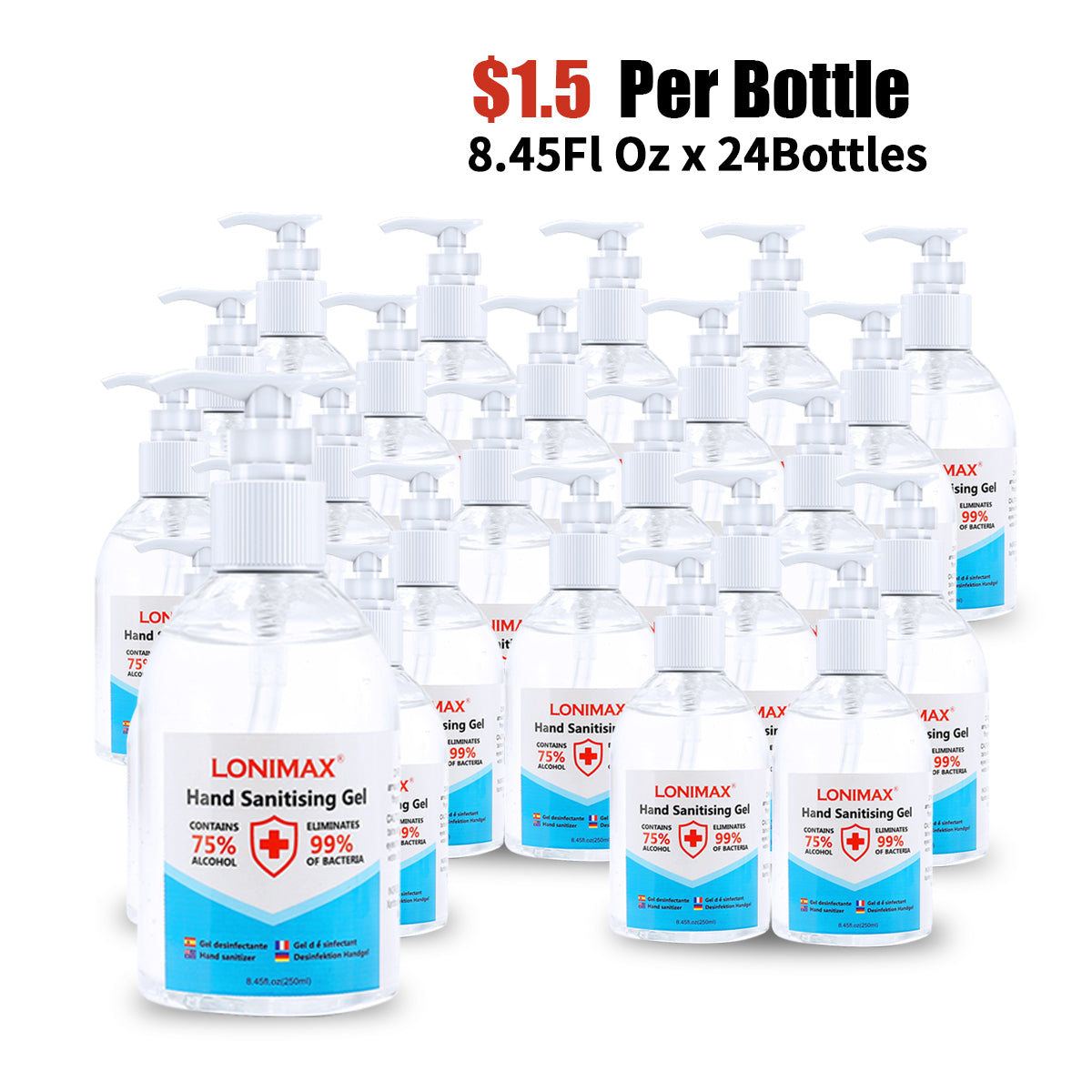 8.45 Fl Oz, Bottle of 24  Gel Hand Sanitizer with Aloe Vera Disinfectant Alcohol Liquid 75%