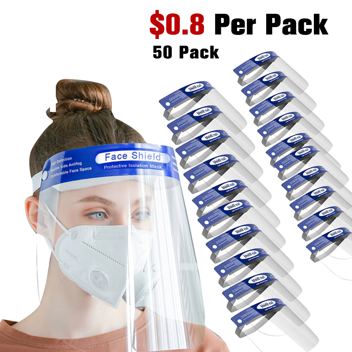 50Pack Safety Face Shield Full Protection Cap Wide Visor Anti-Fog Lens