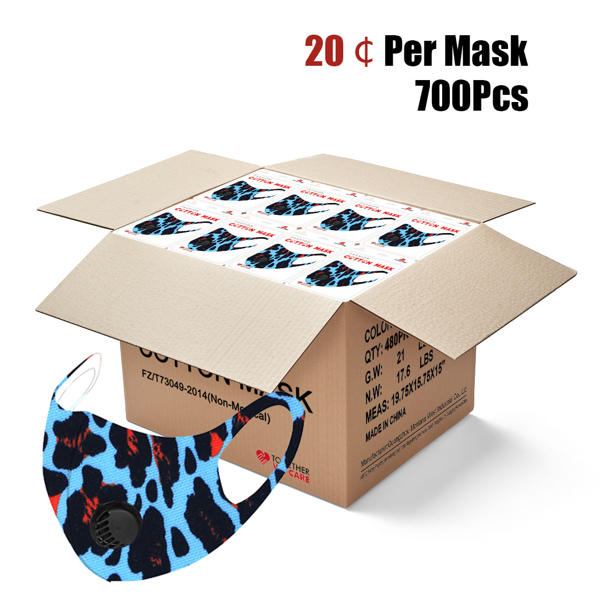 700Pcs Turquoise Leopard Print Single Breathing Valve Single Ply Face Mask