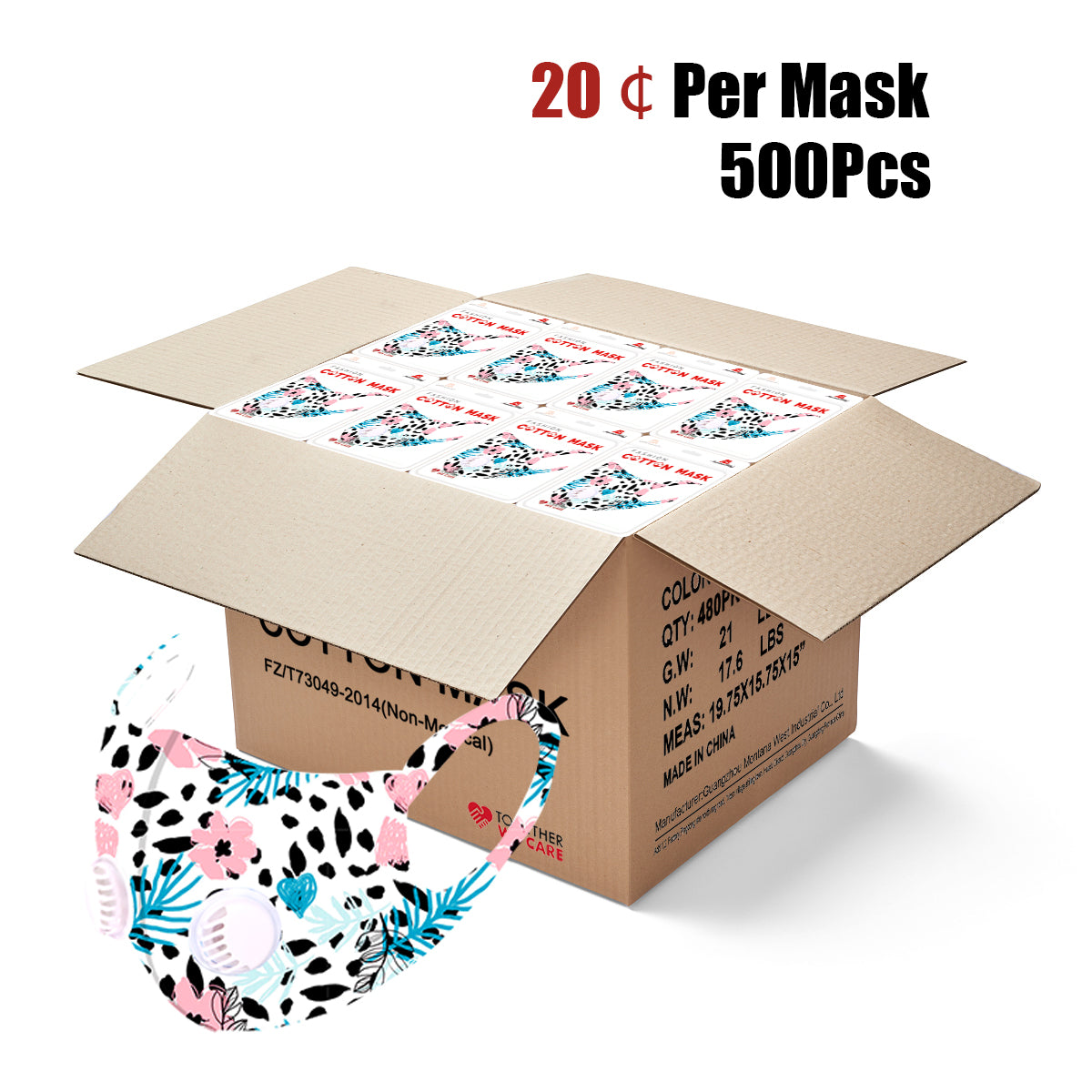 500Pcs Floral Print Double Breathing Valve Single Ply Face Mask