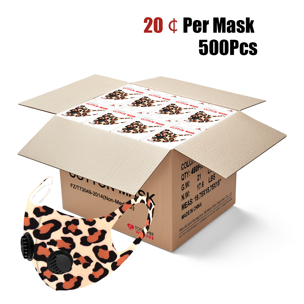 500Pcs Leopard Print Double Breathing Valve Single Ply Face Mask