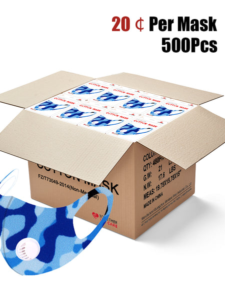 500Pcs Dust Mask with Double Filters, 100% Cotton Comfy Breathable Outdoor Face Protections,Blue camo print