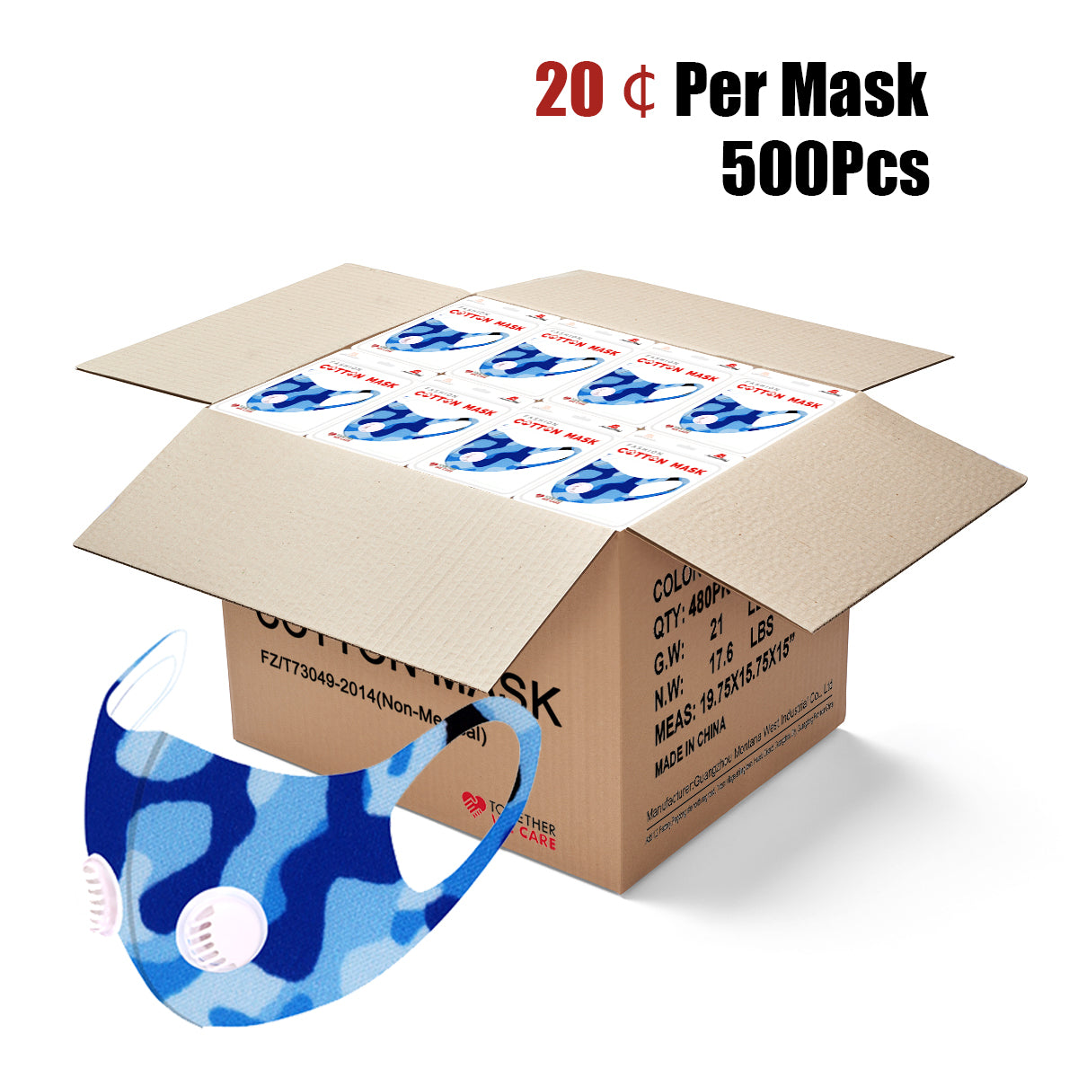 500Pcs Dust Mask with Double Filters, 100% Cotton Comfy Breathable Outdoor Face Protections,Blue camo print