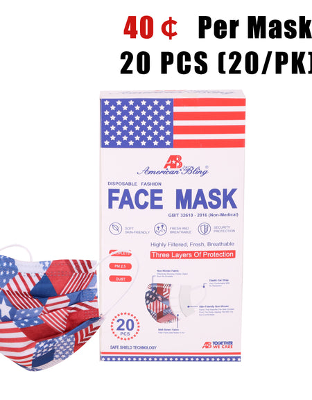 20Pcs  American Bling 20PCS/Box  American Flag Colors Print Disposable Face Masks 3 Layers Face Masks