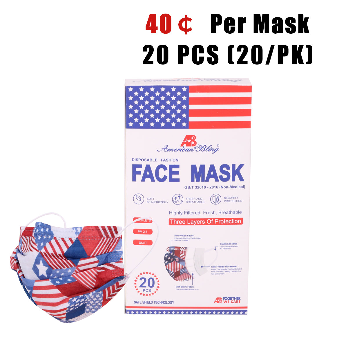 20Pcs  American Bling 20PCS/Box  American Flag Colors Print Disposable Face Masks 3 Layers Face Masks