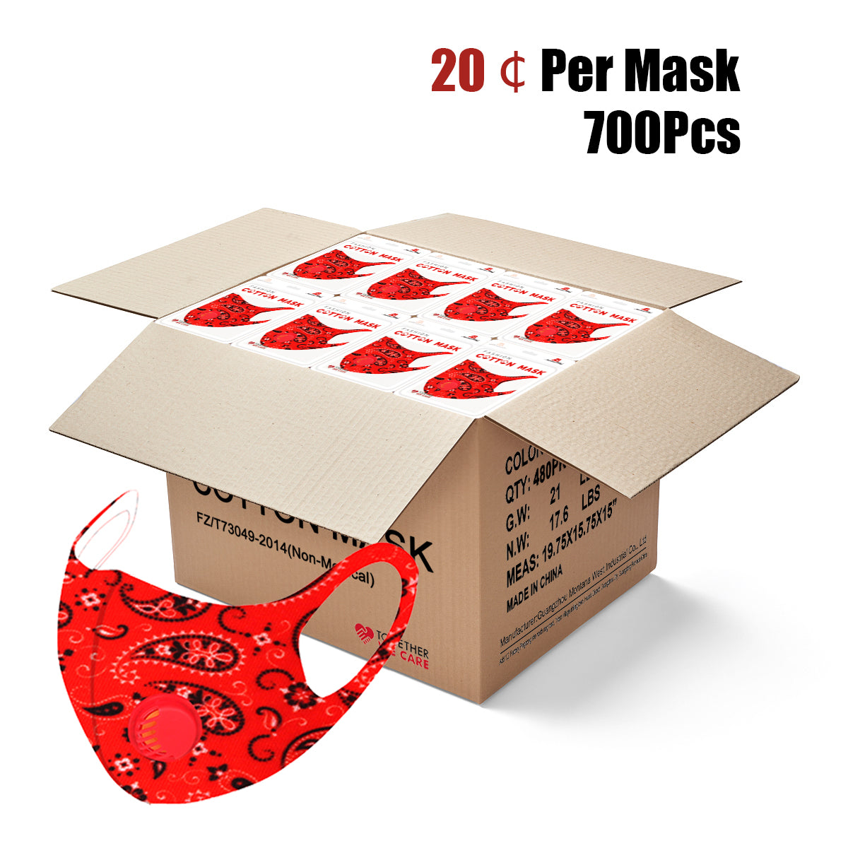 700Pcs Red Paisley Print Single Breathing Valve Single Ply Face Mask