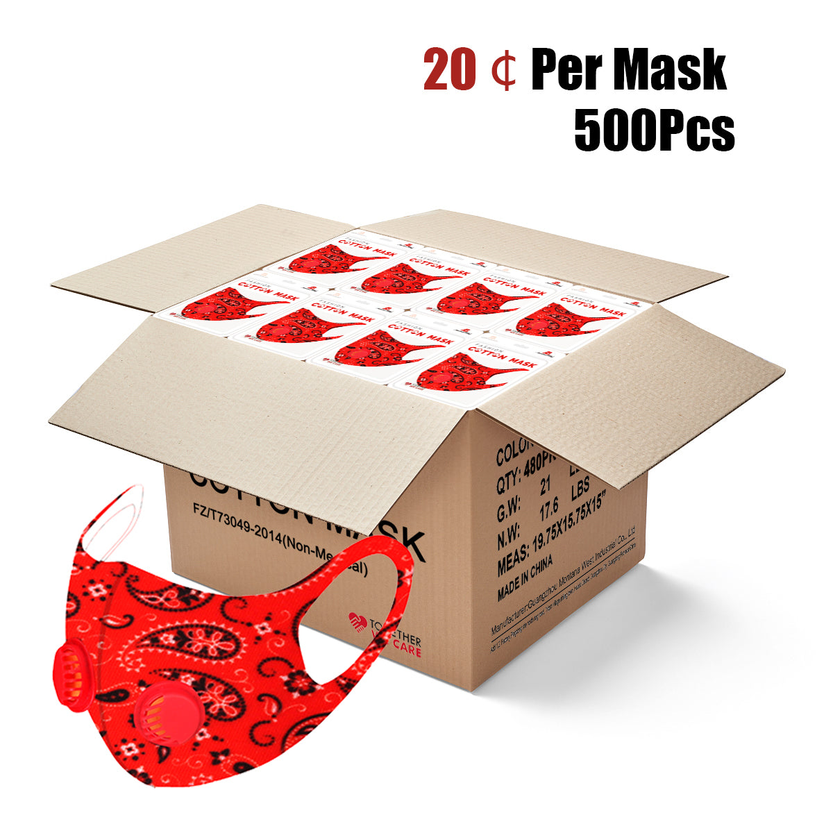 500Pcs Red Paisley Print Single Breathing Valve Single Ply Face Mask