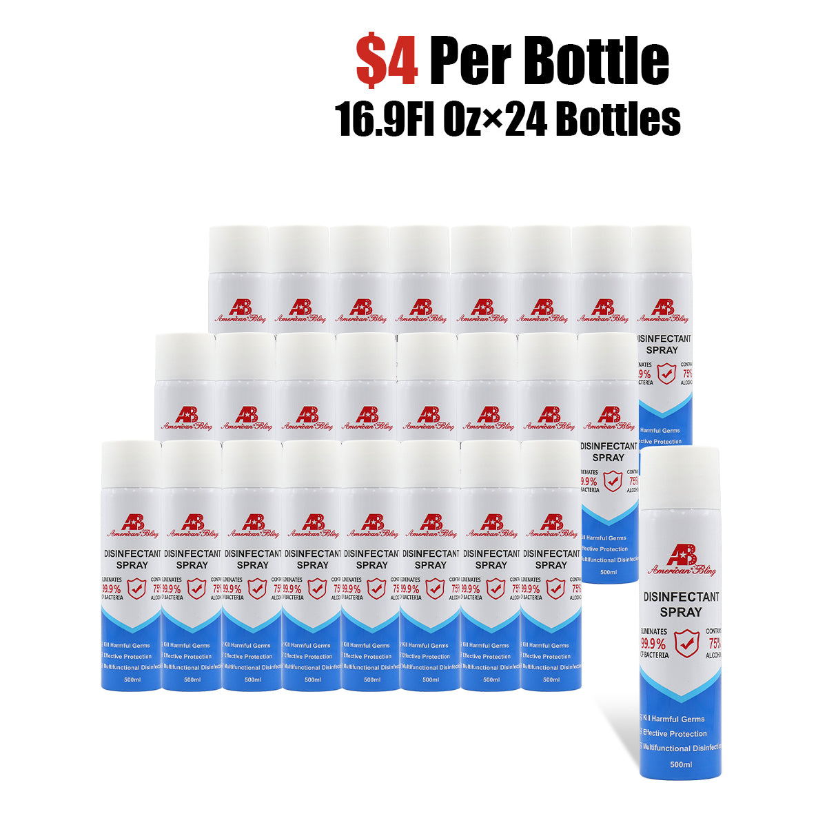 16.9 Fl Oz, Bottle of 24 American Bling   Disinfectant Spray 75% Alcohol 500ML