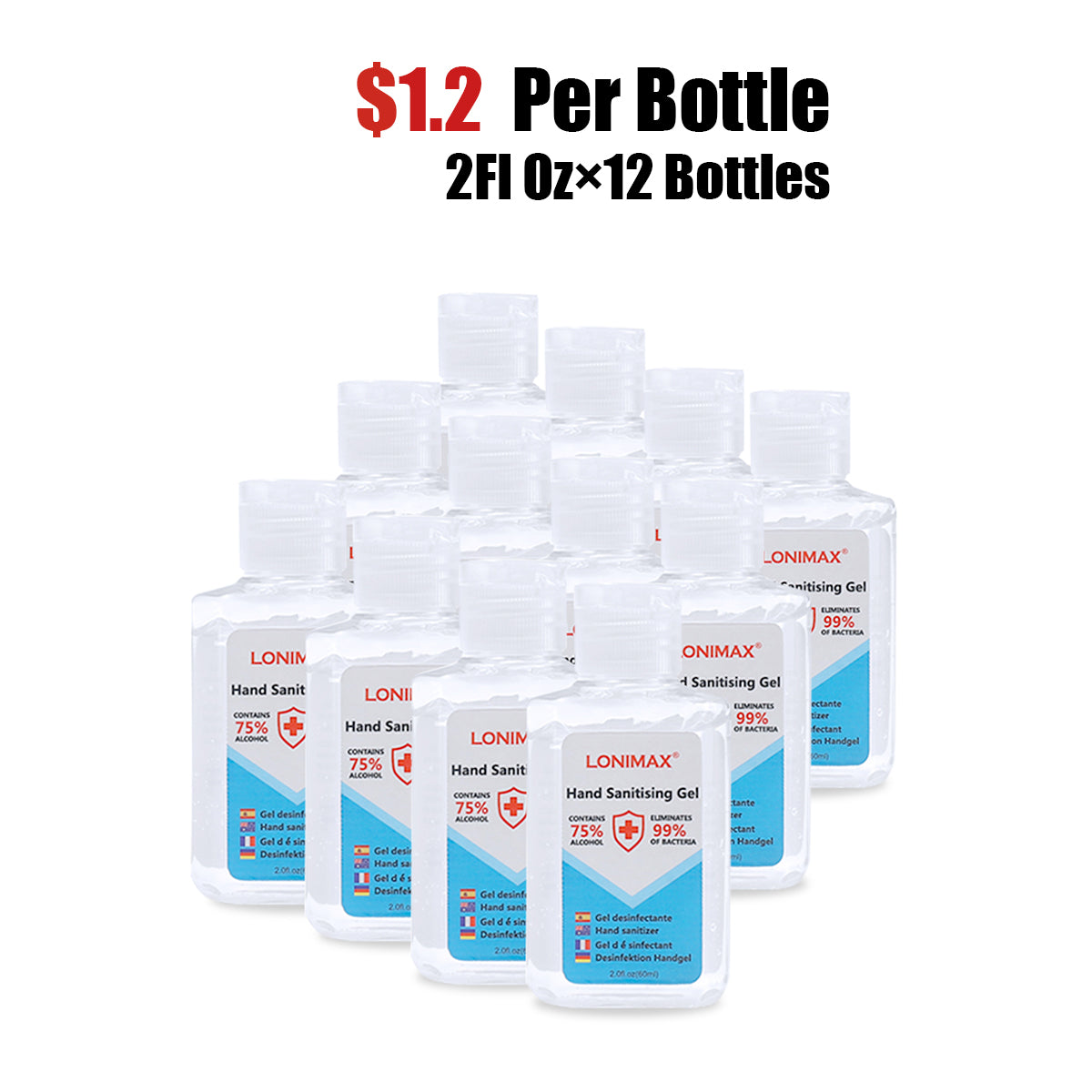 2Fl.Oz, Bottle of 12 Gel Hand Sanitizer with Aloe Vera  Disinfectant Alcohol Liquid 75%