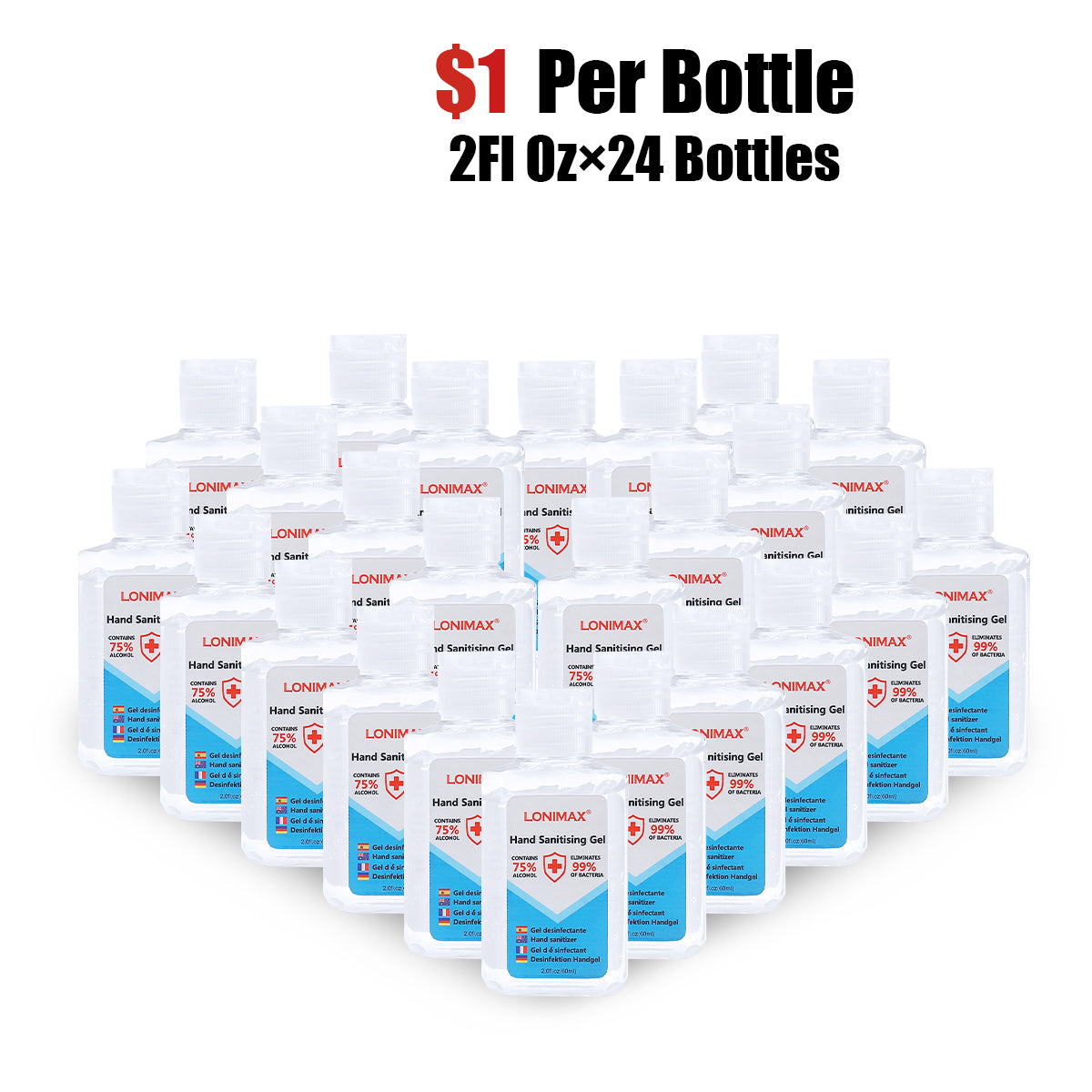 2Fl.Oz, Bottle of 24 Gel Hand Sanitizer with Aloe Vera  Disinfectant Alcohol Liquid 75%
