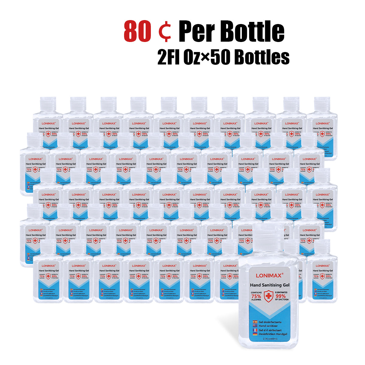 2Fl.Oz, Bottle of 50 Gel Hand Sanitizer with Aloe Vera  Disinfectant Alcohol Liquid 75%