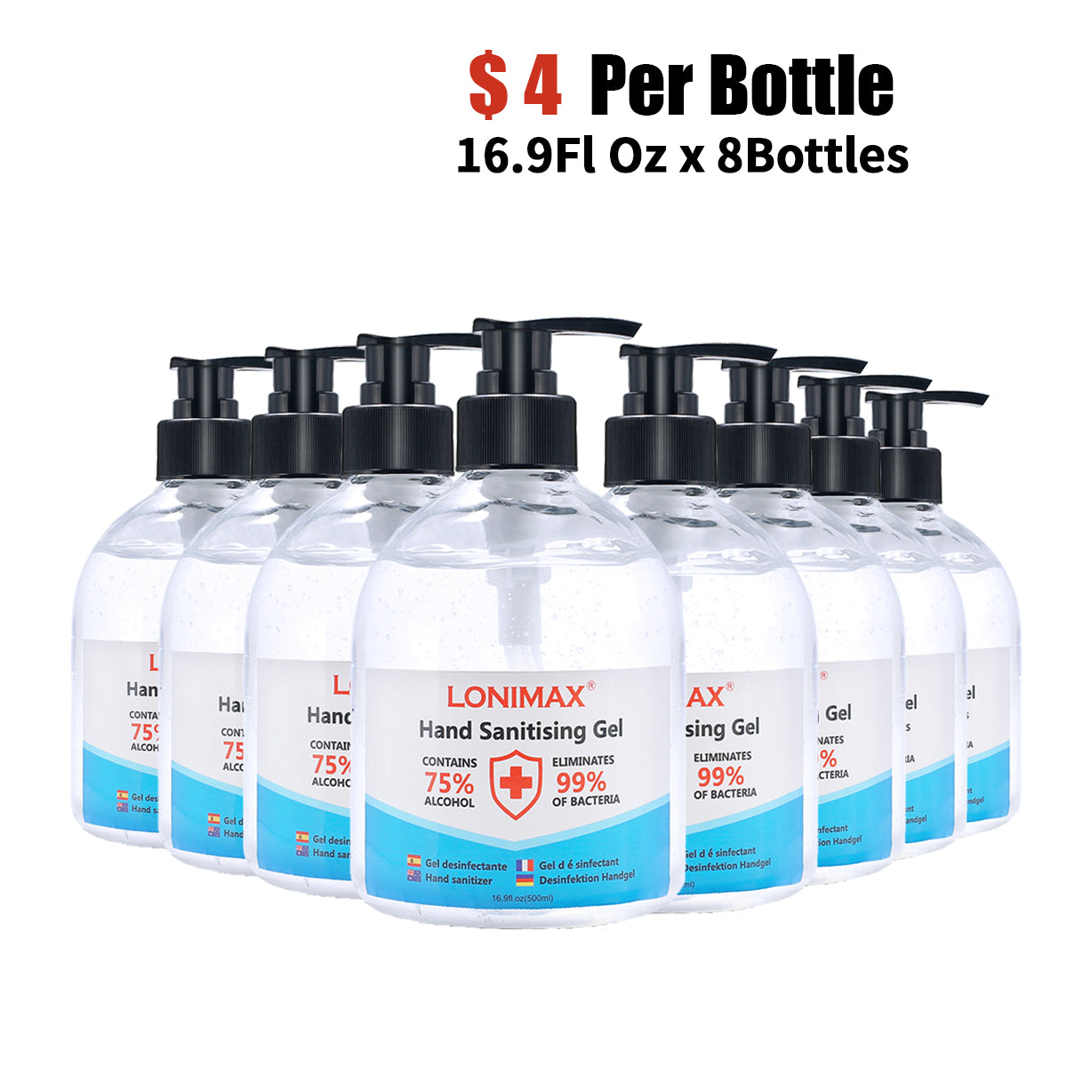 16.9 Fl Oz, Bottle of 8 Gel Hand Sanitizer with Aloe Vera  Disinfectant Alcohol Liquid 75%