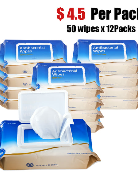 Antibacterial Wipes Resealable Bag (50 Count x 12)