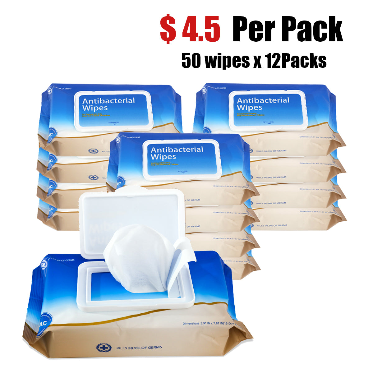 Antibacterial Wipes Resealable Bag (50 Count x 12)