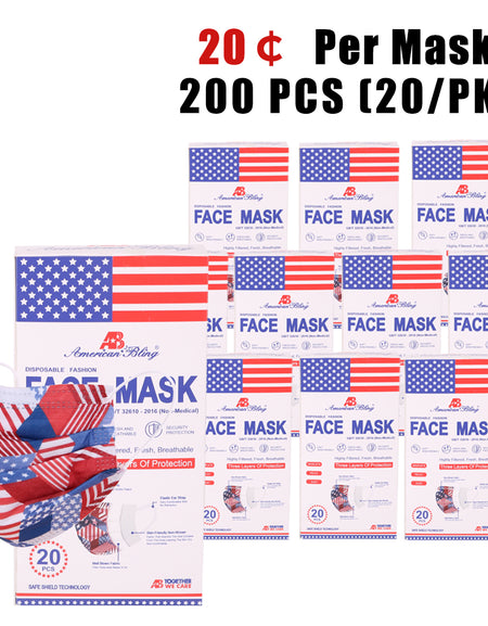 200Pcs  American Bling 20PCS/Box  American Flag Colors Print Disposable Face Masks 3 Layers Face Masks