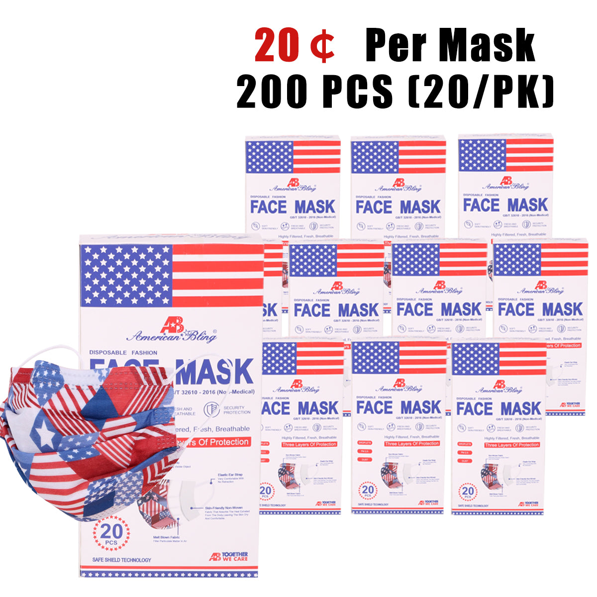 200Pcs  American Bling 20PCS/Box  American Flag Colors Print Disposable Face Masks 3 Layers Face Masks