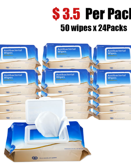 Antibacterial Wipes Resealable Bag (50 Count x 24)
