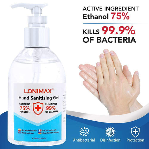 8.45 Fl Oz, Bottle of 6  Gel Hand Sanitizer with Aloe Vera Disinfectant Alcohol Liquid 75%