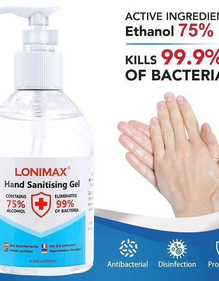 8.45 Fl Oz, Bottle of 6  Gel Hand Sanitizer with Aloe Vera Disinfectant Alcohol Liquid 75%