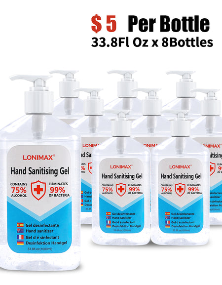 33.8 Fl Oz, Bottle of 8  Gel Hand Sanitizer with Aloe Vera Disinfectant Alcohol Liquid 75%
