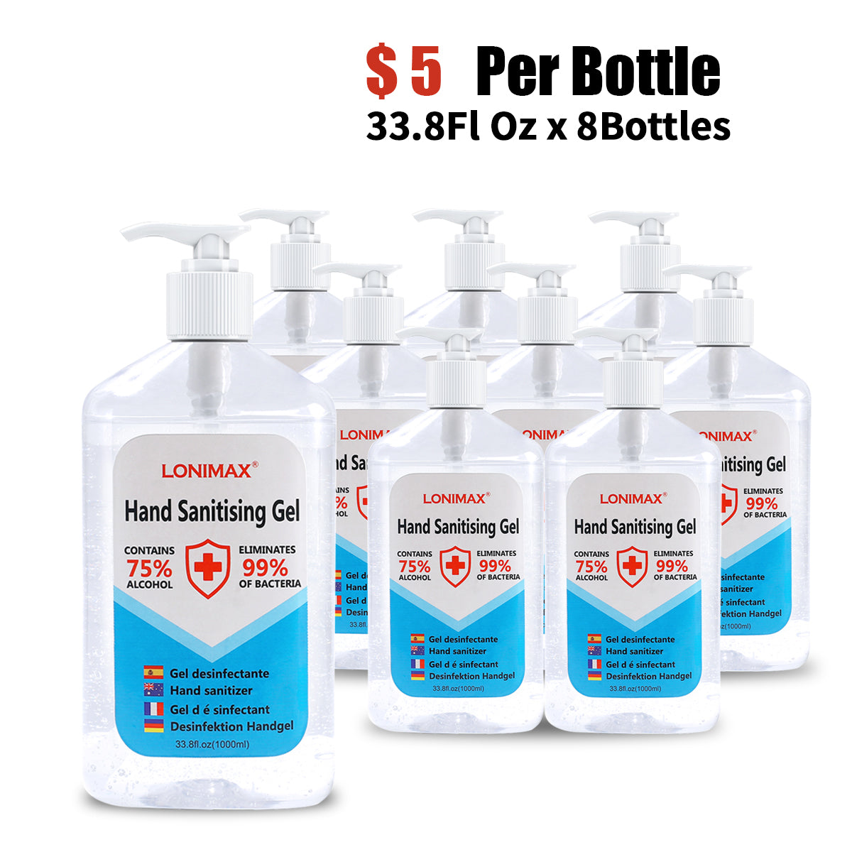 33.8 Fl Oz, Bottle of 8  Gel Hand Sanitizer with Aloe Vera Disinfectant Alcohol Liquid 75%