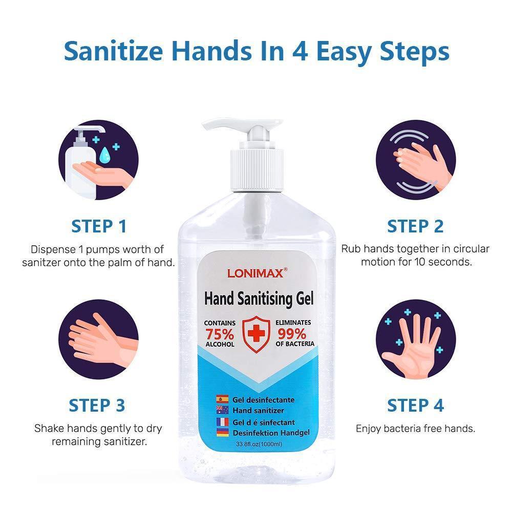 33.8 Fl Oz, Bottle of 4  Gel Hand Sanitizer with Aloe Vera Disinfectant Alcohol Liquid 75%