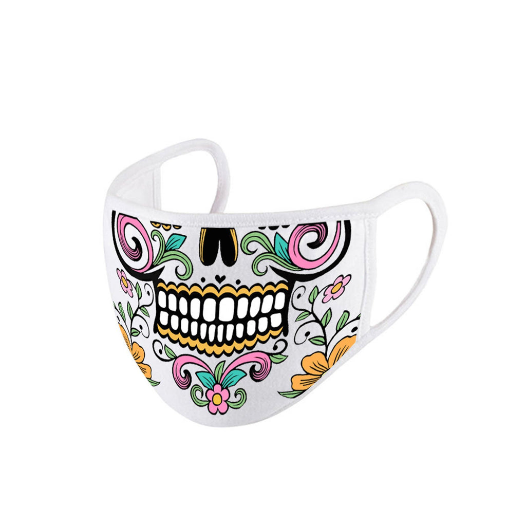 FCM-014 White Floral Sugar Skull Fabric Face Mask Double Layer Set of 2