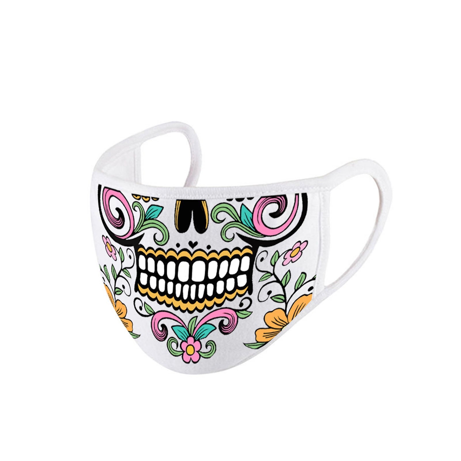 FCM-014 White Floral Sugar Skull Fabric Face Mask Double Layer Set of 2