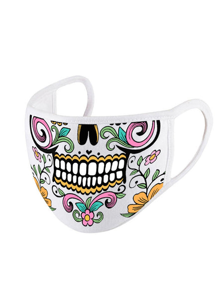 FCM-014 White Floral Sugar Skull Fabric Face Mask Double Layer Set of 2