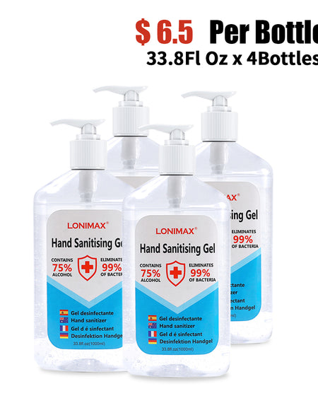 33.8 Fl Oz, Bottle of 4  Gel Hand Sanitizer with Aloe Vera Disinfectant Alcohol Liquid 75%